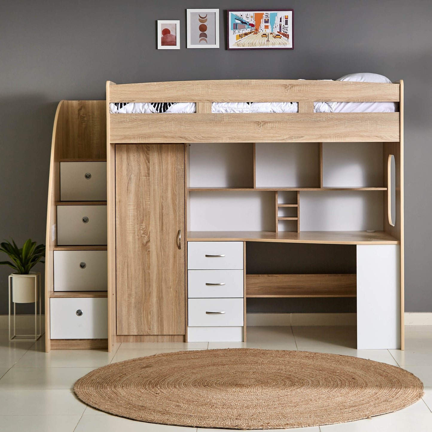 Single Loft Bed with Storage & Study Desk 90x190 cm – Space Saving Loft Bed with 7 Drawers