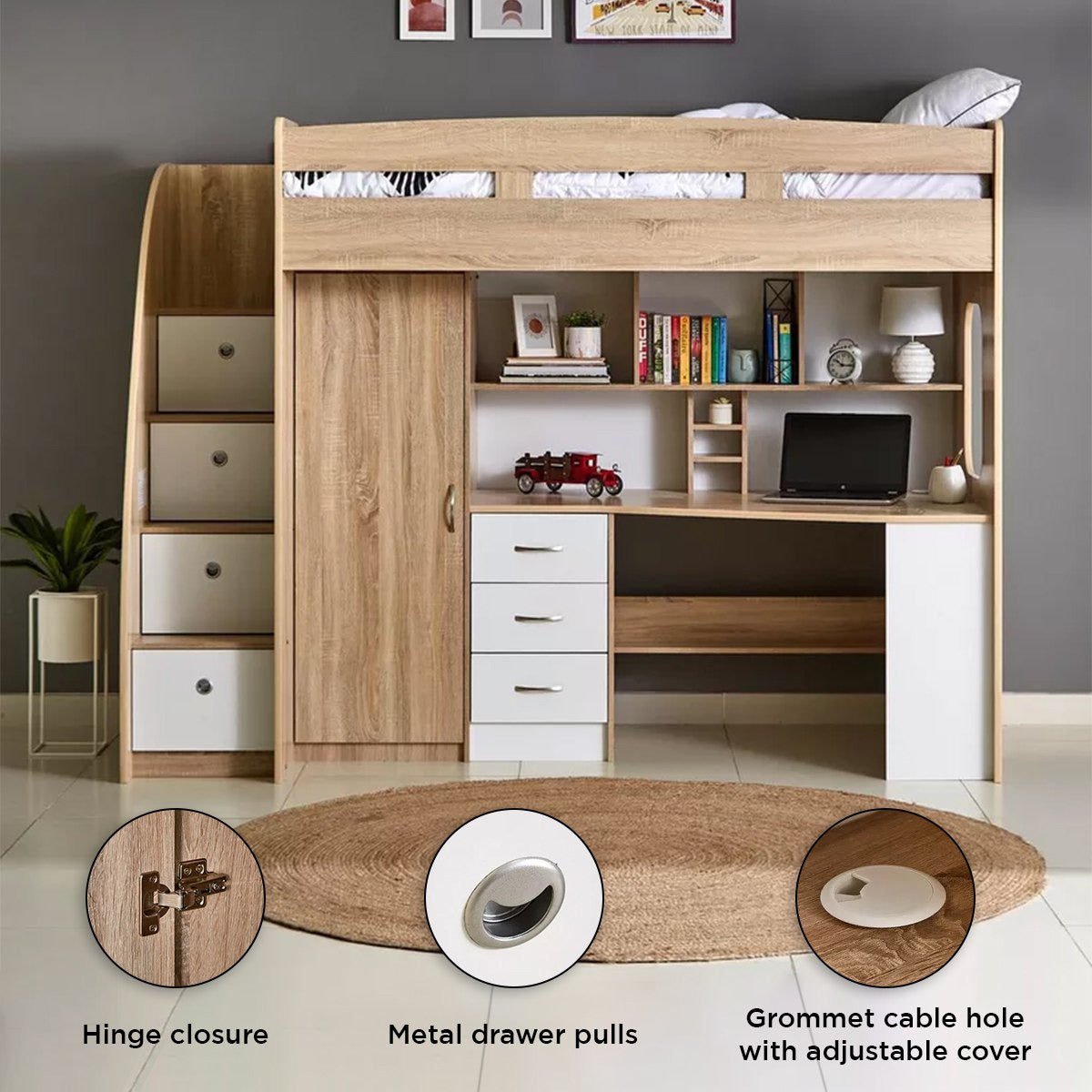 Single Loft Bed with Storage & Study Desk 90x190 cm – Space Saving Loft Bed with 7 Drawers