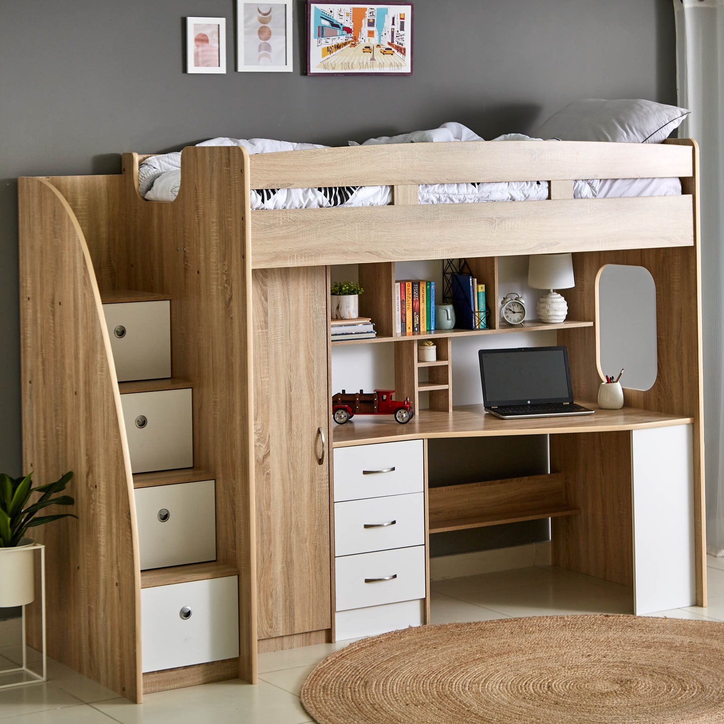 Single Loft Bed with Storage & Study Desk 90x190 cm – Space Saving Loft Bed with 7 Drawers
