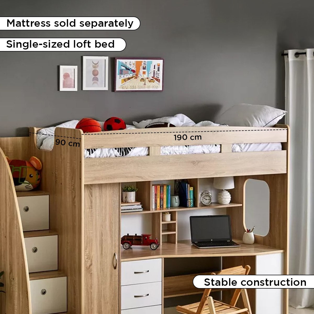 Single Loft Bed with Storage & Study Desk 90x190 cm – Space Saving Loft Bed with 7 Drawers