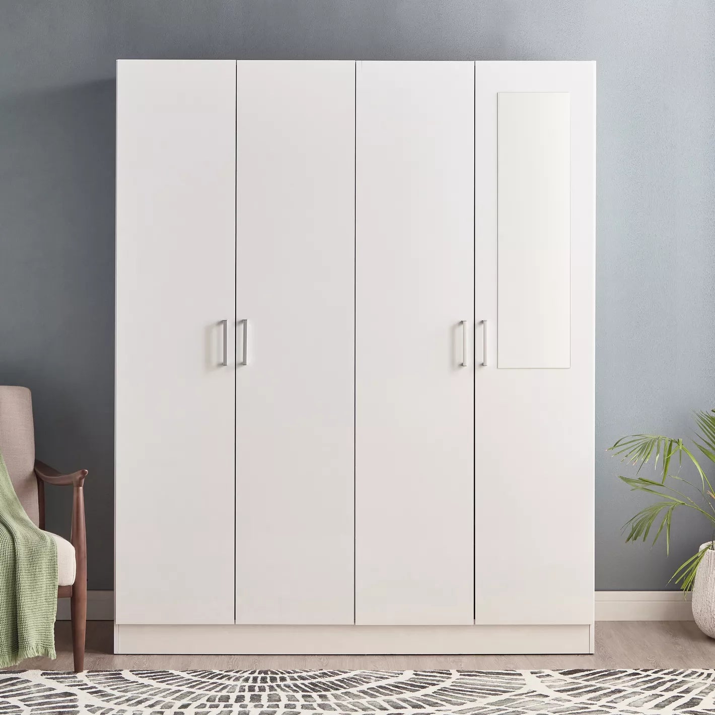 4-Swing Door Wardrobe with Mirror and Drawer, 4 shelves And 2 rails for clothing and accessories