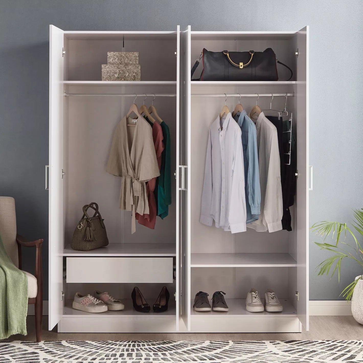 4-Swing Door Wardrobe with Mirror and Drawer, 4 shelves And 2 rails for clothing and accessories