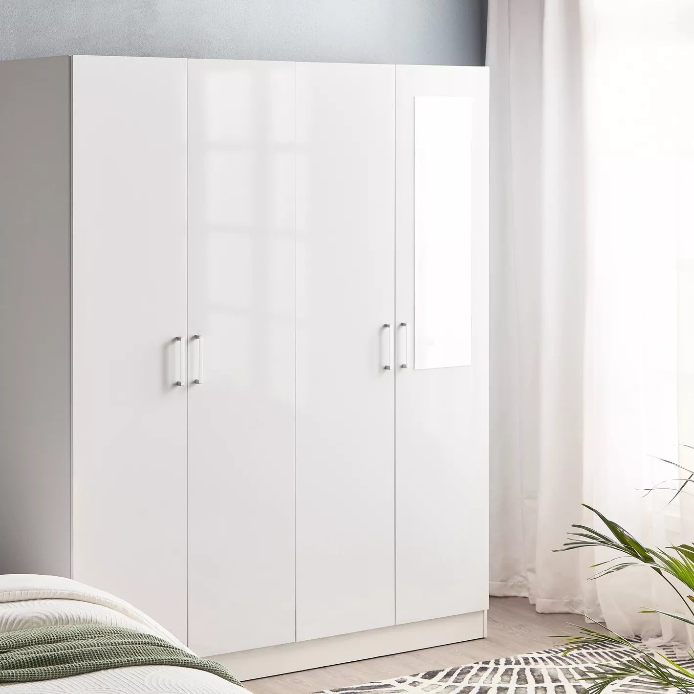 4-Swing Door Wardrobe with Mirror and Drawer, 4 shelves And 2 rails for clothing and accessories