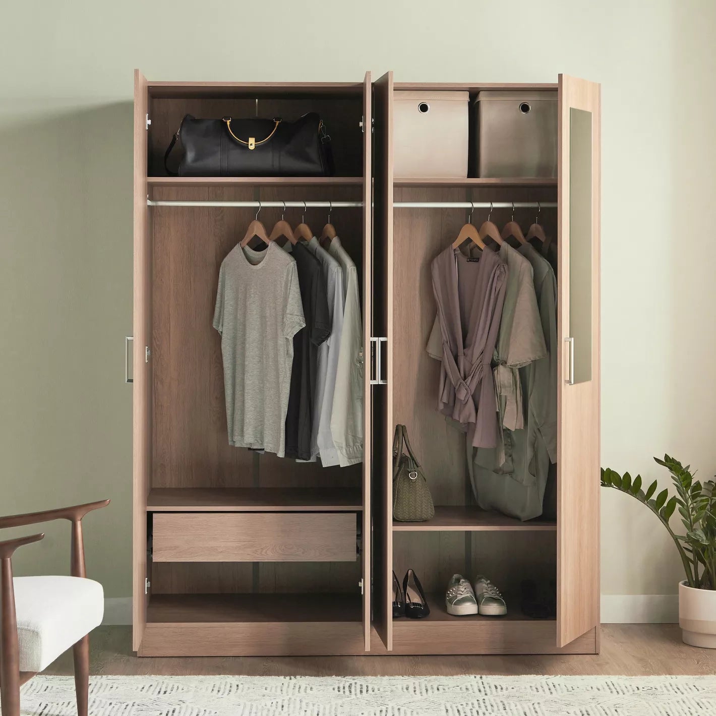 4-Swing Door Wardrobe with Mirror and Drawer, 4 shelves And 2 rails for clothing and accessories