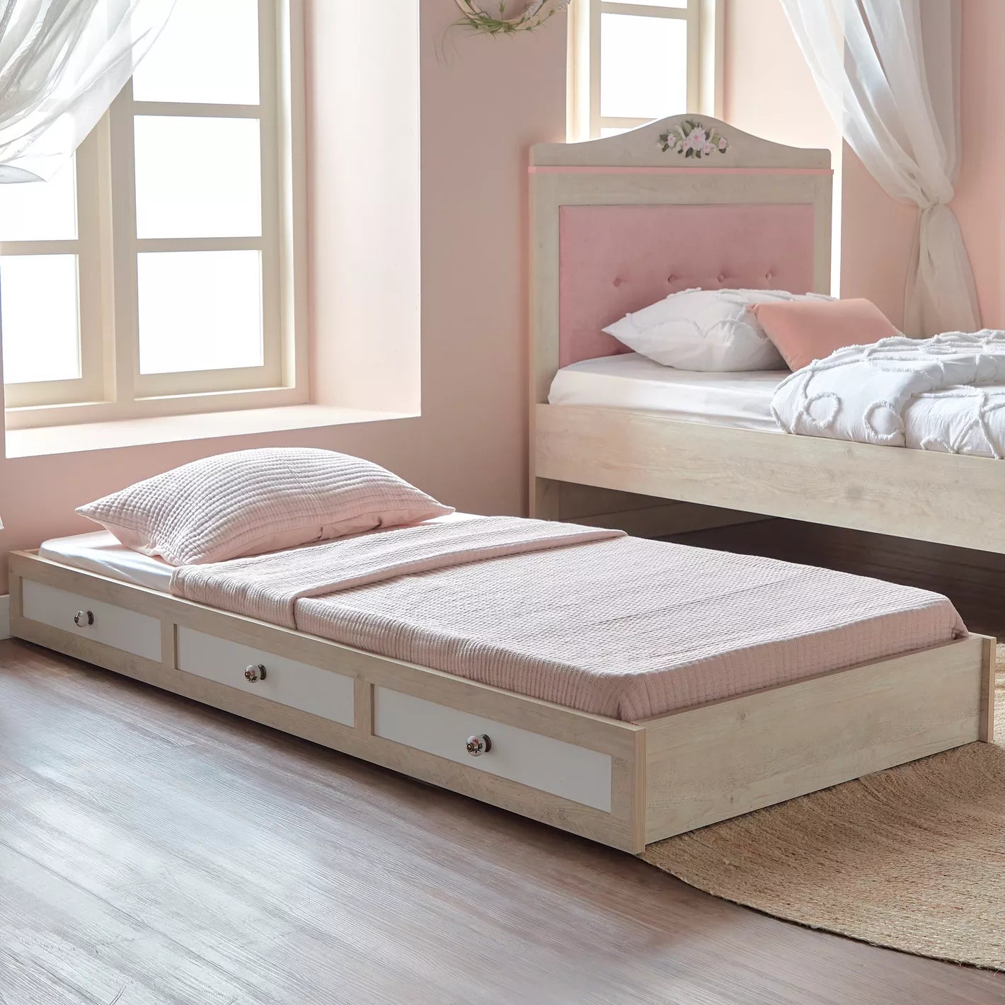 Comfort Trundle Under Beds 90x190 cm - Oak/Pink - COOLBABY