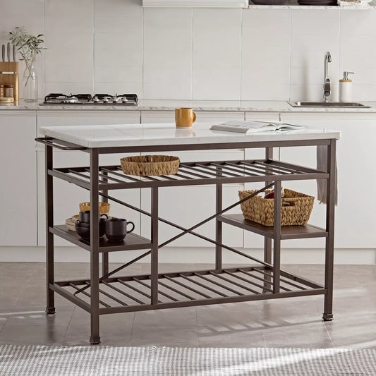 Modern Design Kitchen Island, High-Quality Engineered Wood With a Stylish Marble Top And Sturdy Metal Legs.