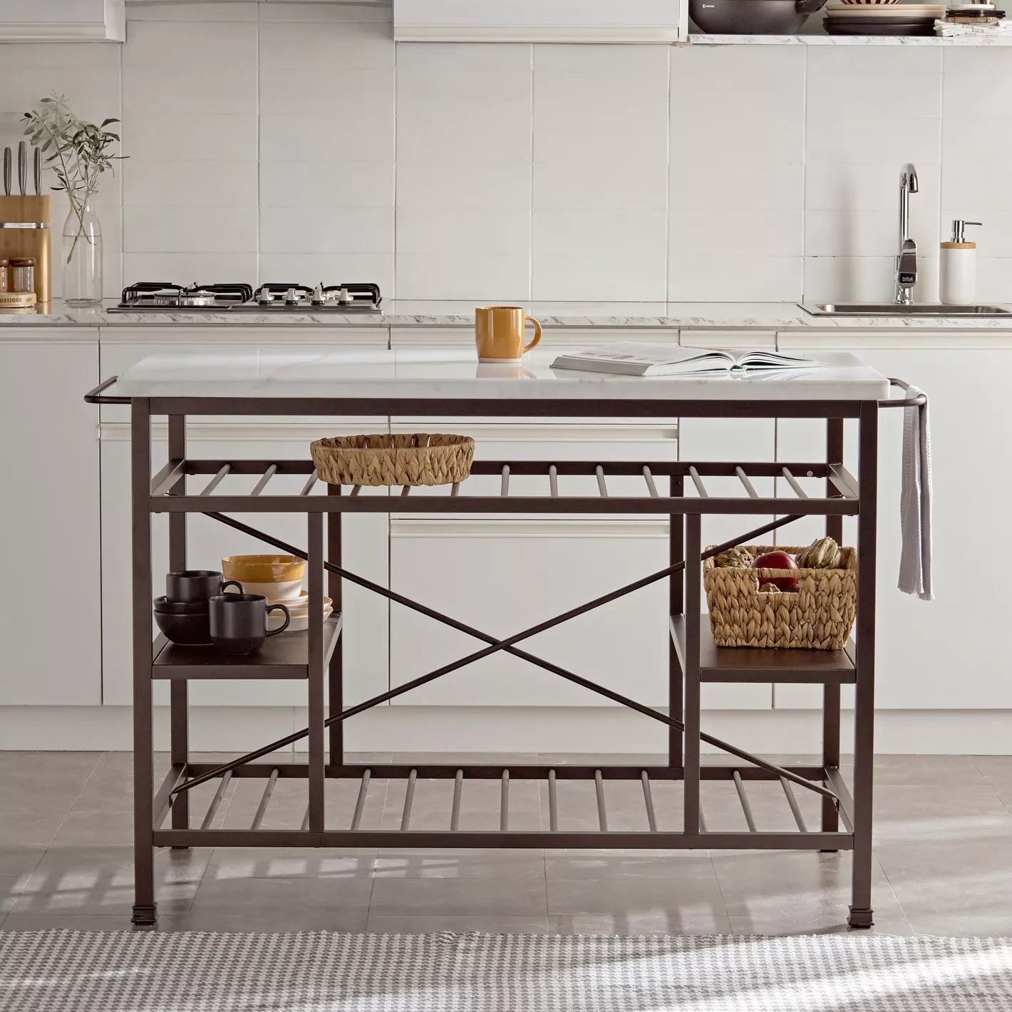 Modern Design Kitchen Island, High-Quality Engineered Wood With a Stylish Marble Top And Sturdy Metal Legs.