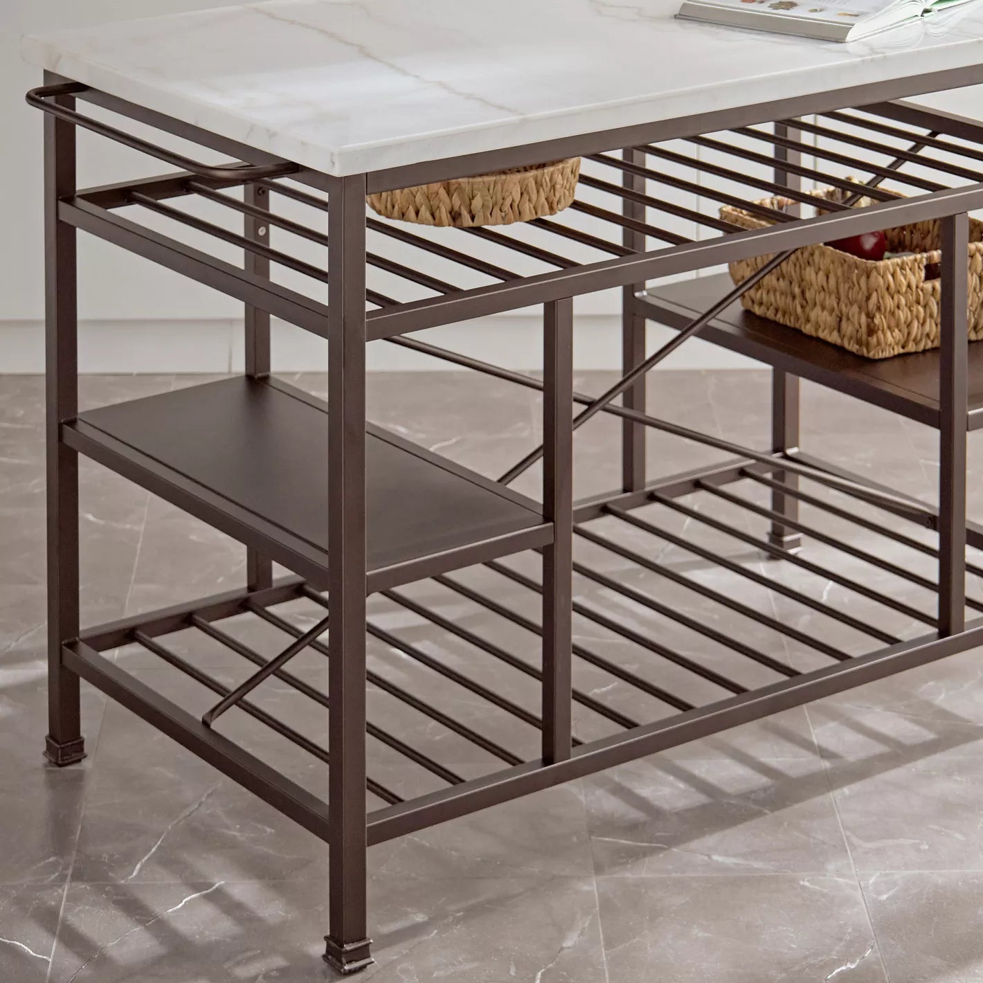 Modern Design Kitchen Island, High-Quality Engineered Wood With a Stylish Marble Top And Sturdy Metal Legs.