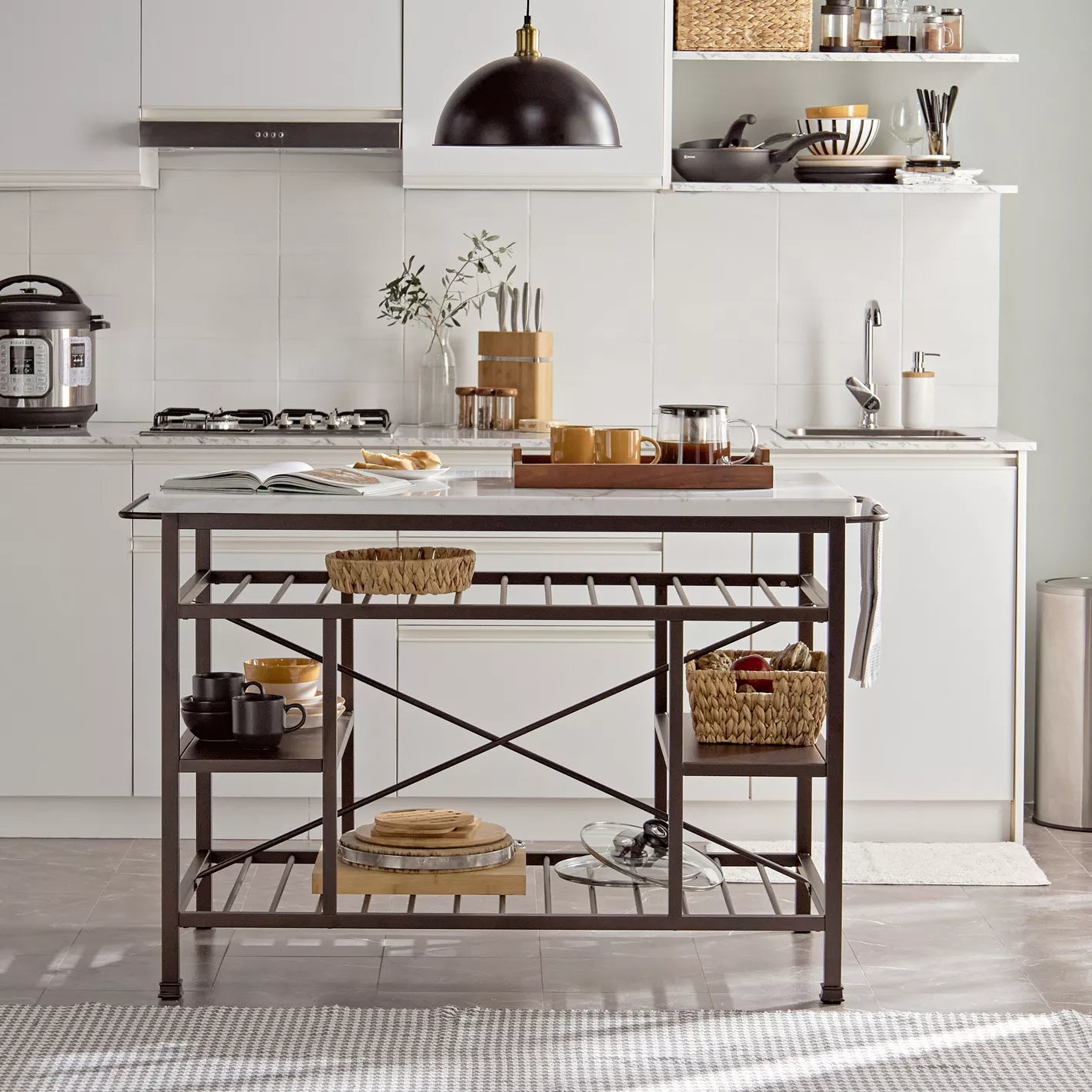 Modern Design Kitchen Island, High-Quality Engineered Wood With a Stylish Marble Top And Sturdy Metal Legs.