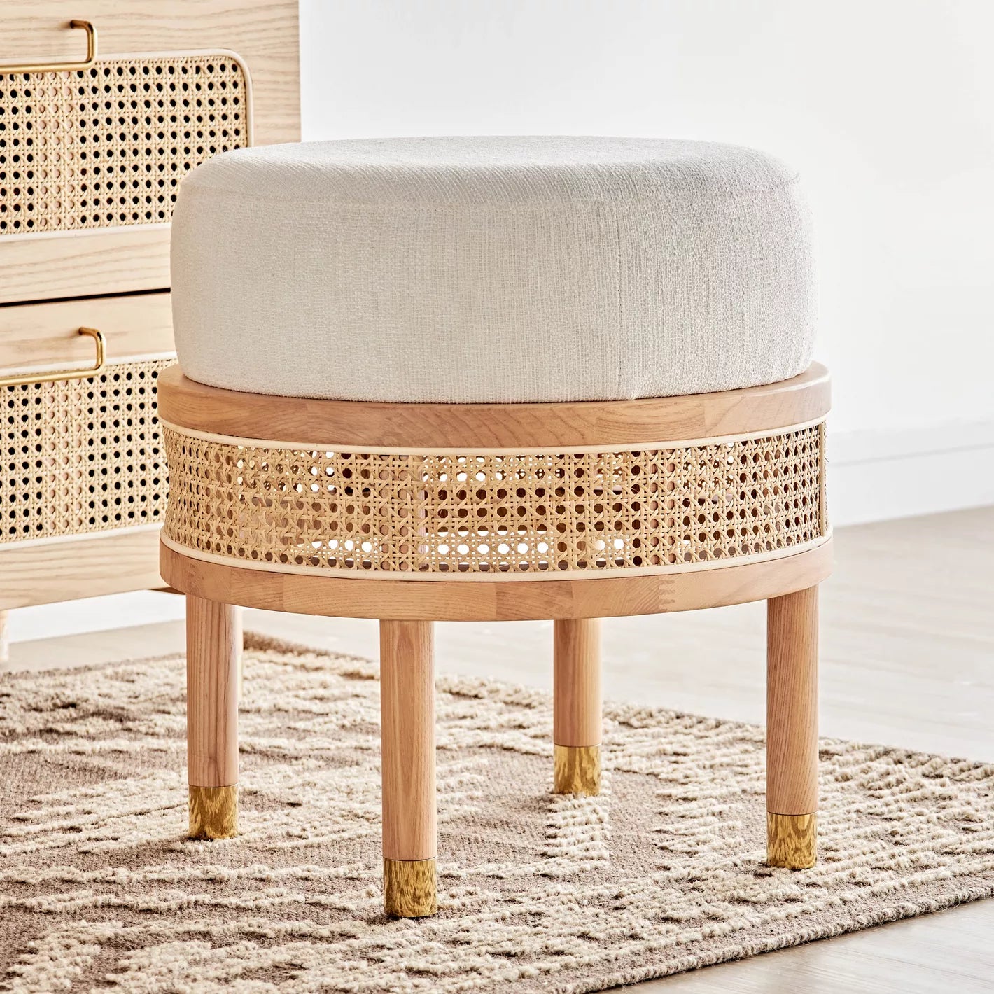 Solid Wood Stool For Bedroom, Classic Mid-Century Vanity Stool With Soft Fabric - Oak - COOLBABY