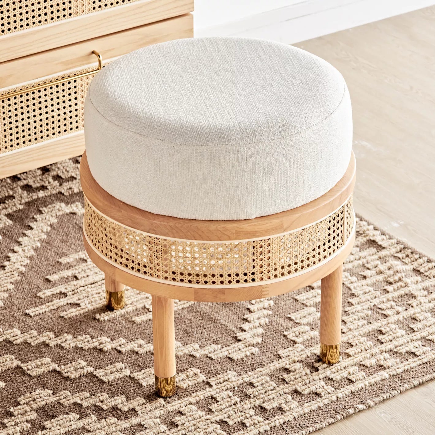 Solid Wood Stool For Bedroom, Classic Mid-Century Vanity Stool With Soft Fabric - Oak - COOLBABY