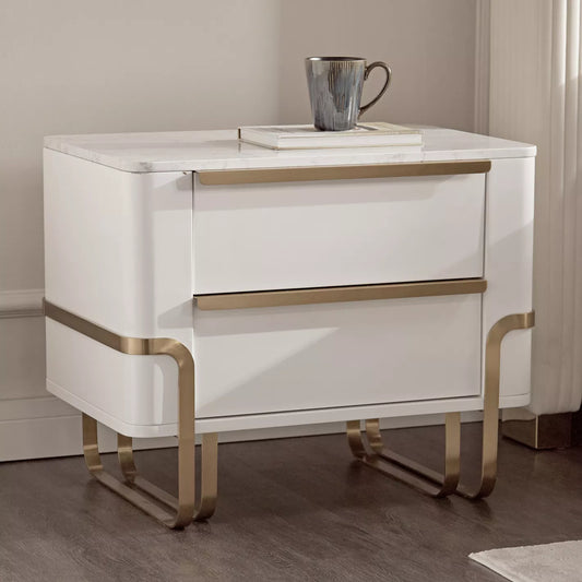 Nightstand With 2 Spacious Drawers For Organized Storage And USB Ports For Easy Charging - White/Gold - COOLBABY