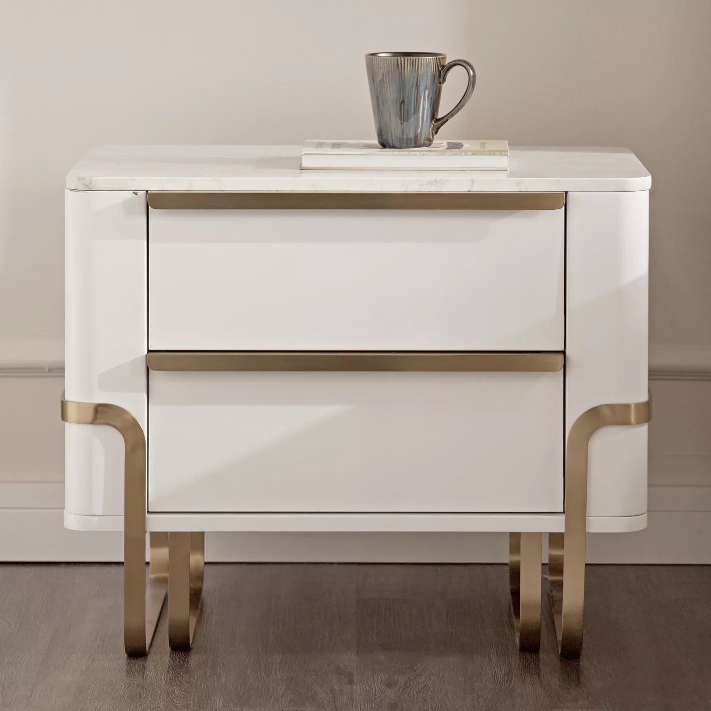 Nightstand With 2 Spacious Drawers For Organized Storage And USB Ports For Easy Charging - White/Gold - COOLBABY