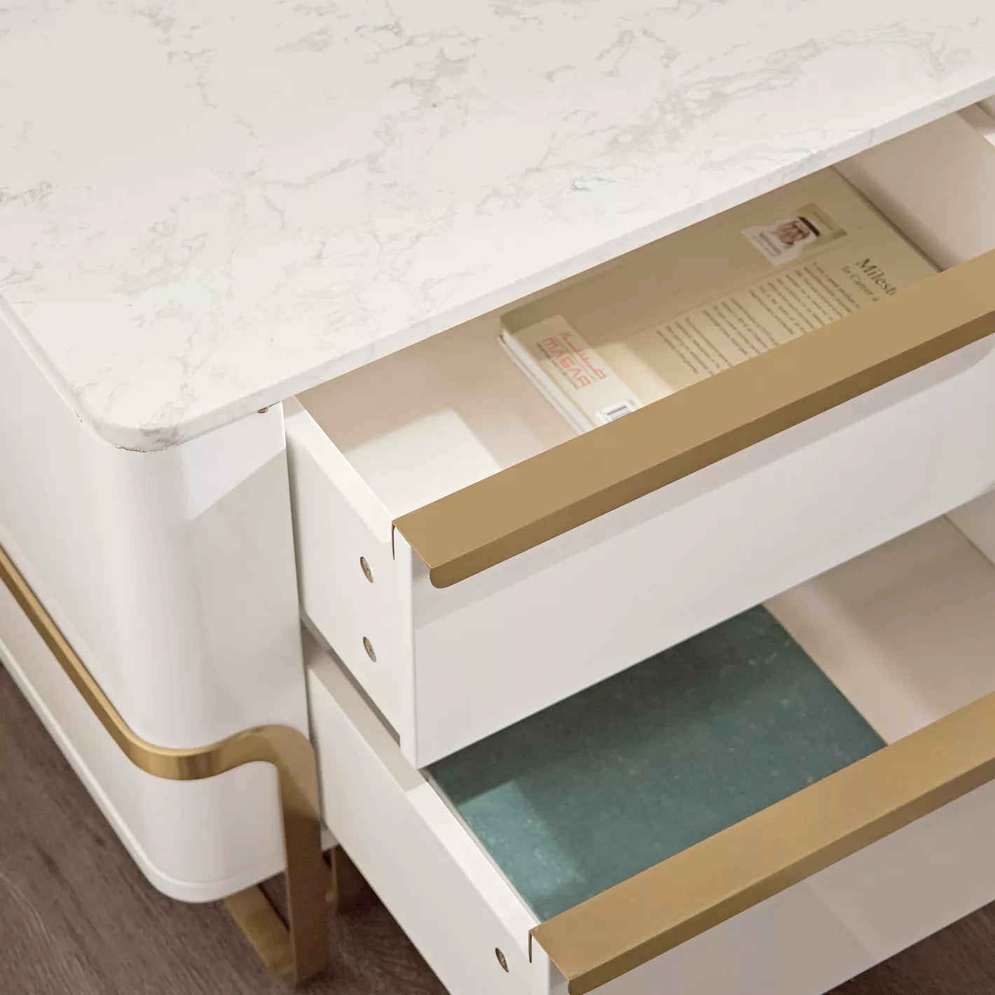 Nightstand With 2 Spacious Drawers For Organized Storage And USB Ports For Easy Charging - White/Gold - COOLBABY