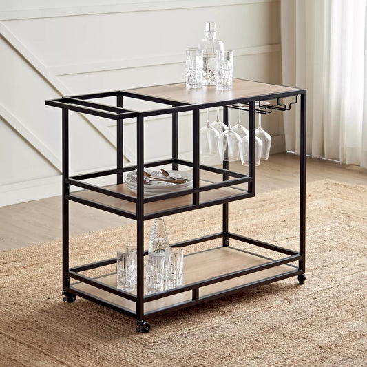 Modern Serving Trolley With Multiple Shelves And Hooks For Glassware