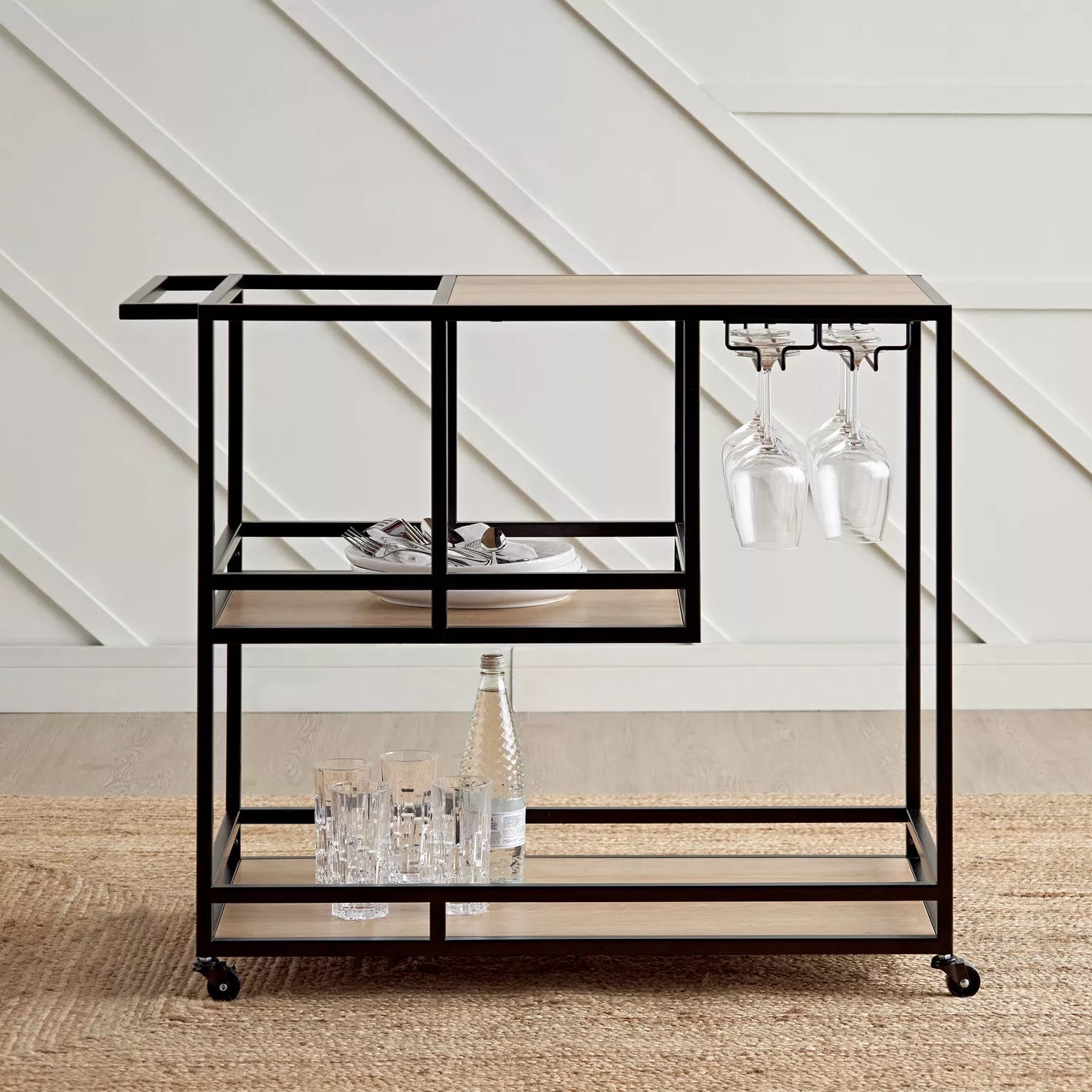 Modern Serving Trolley With Multiple Shelves And Hooks For Glassware