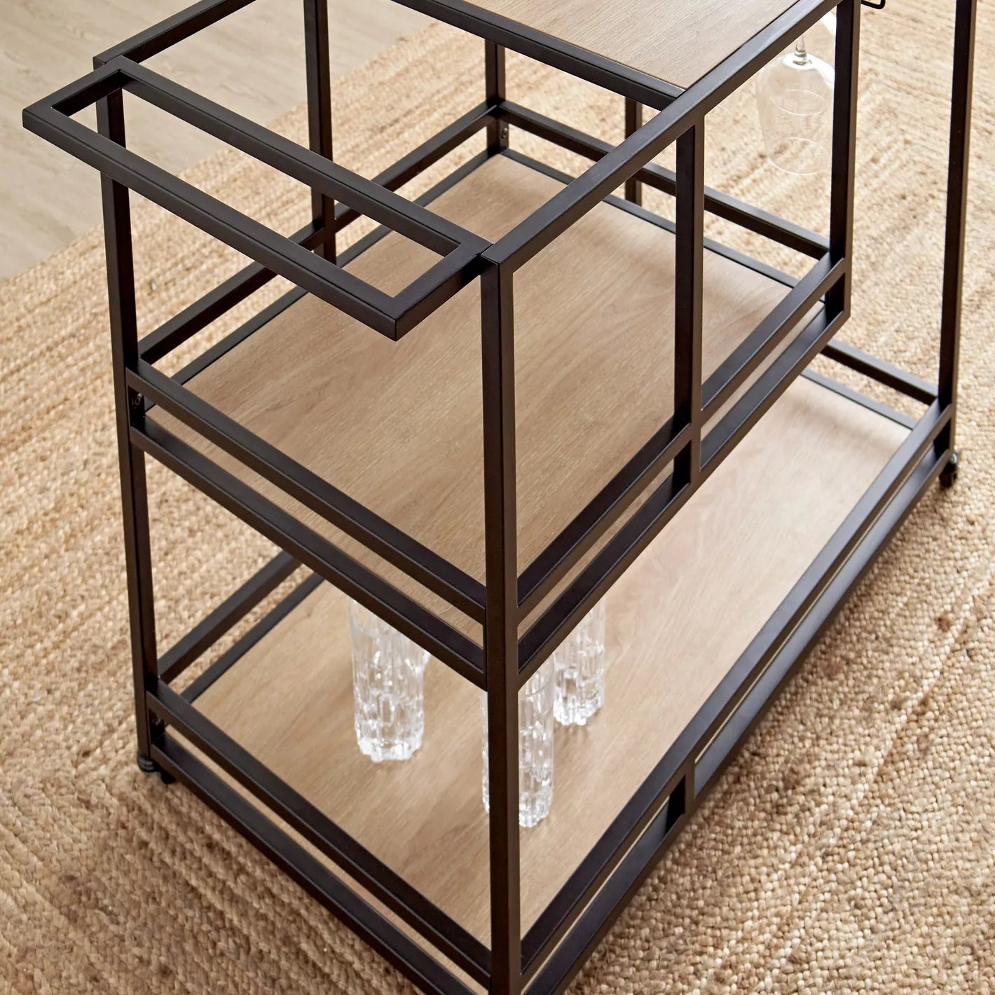 Modern Serving Trolley With Multiple Shelves And Hooks For Glassware