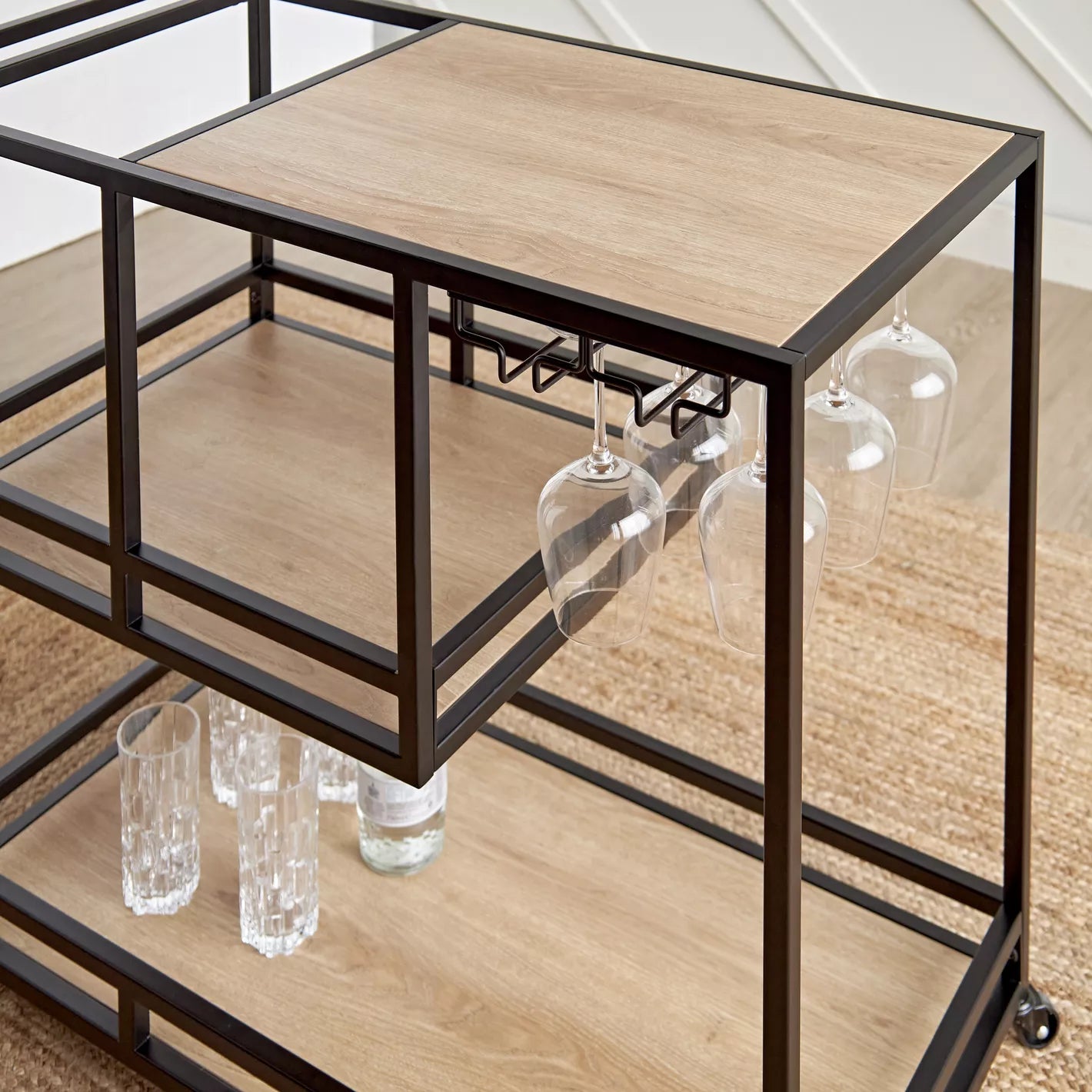 Modern Serving Trolley With Multiple Shelves And Hooks For Glassware