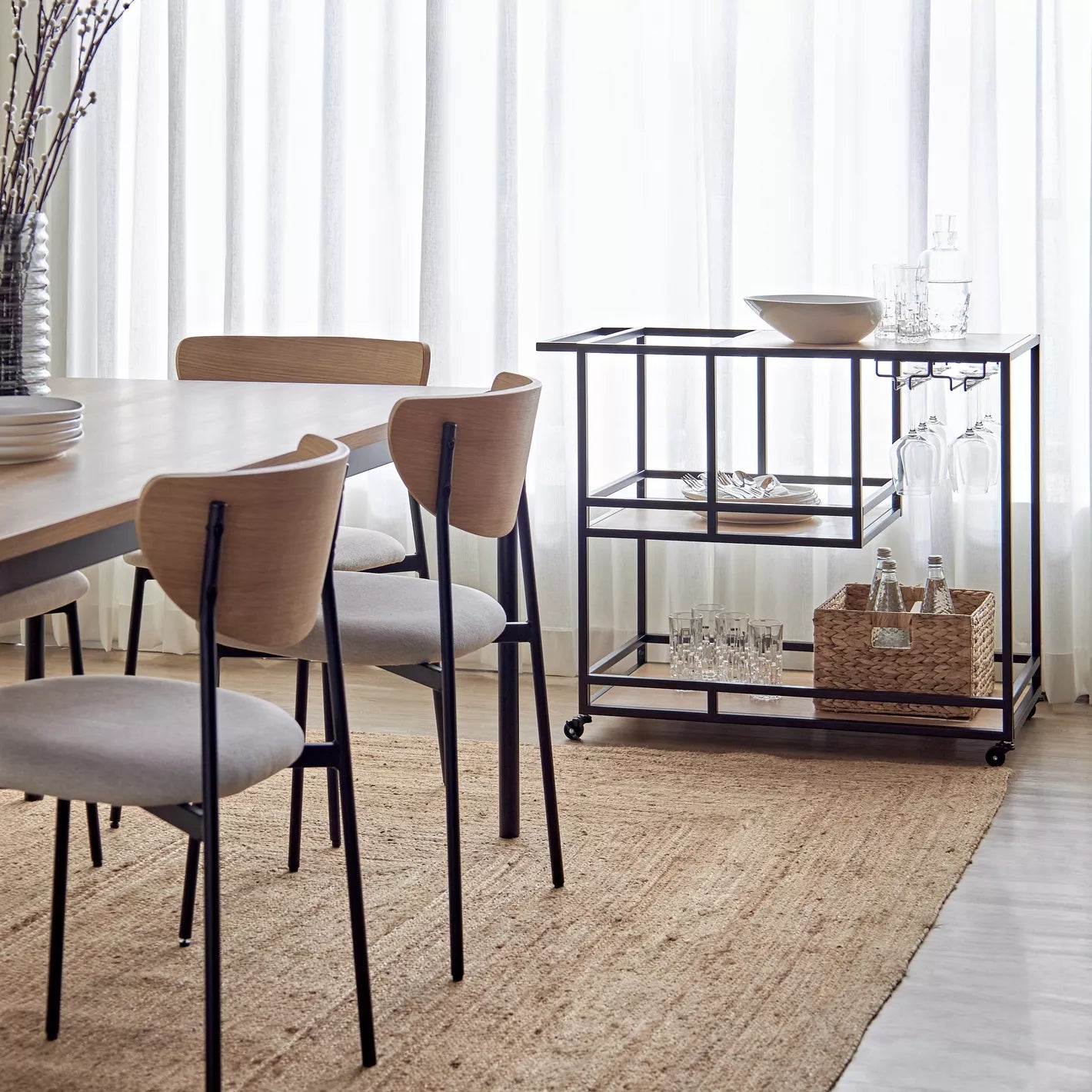 Modern Serving Trolley With Multiple Shelves And Hooks For Glassware