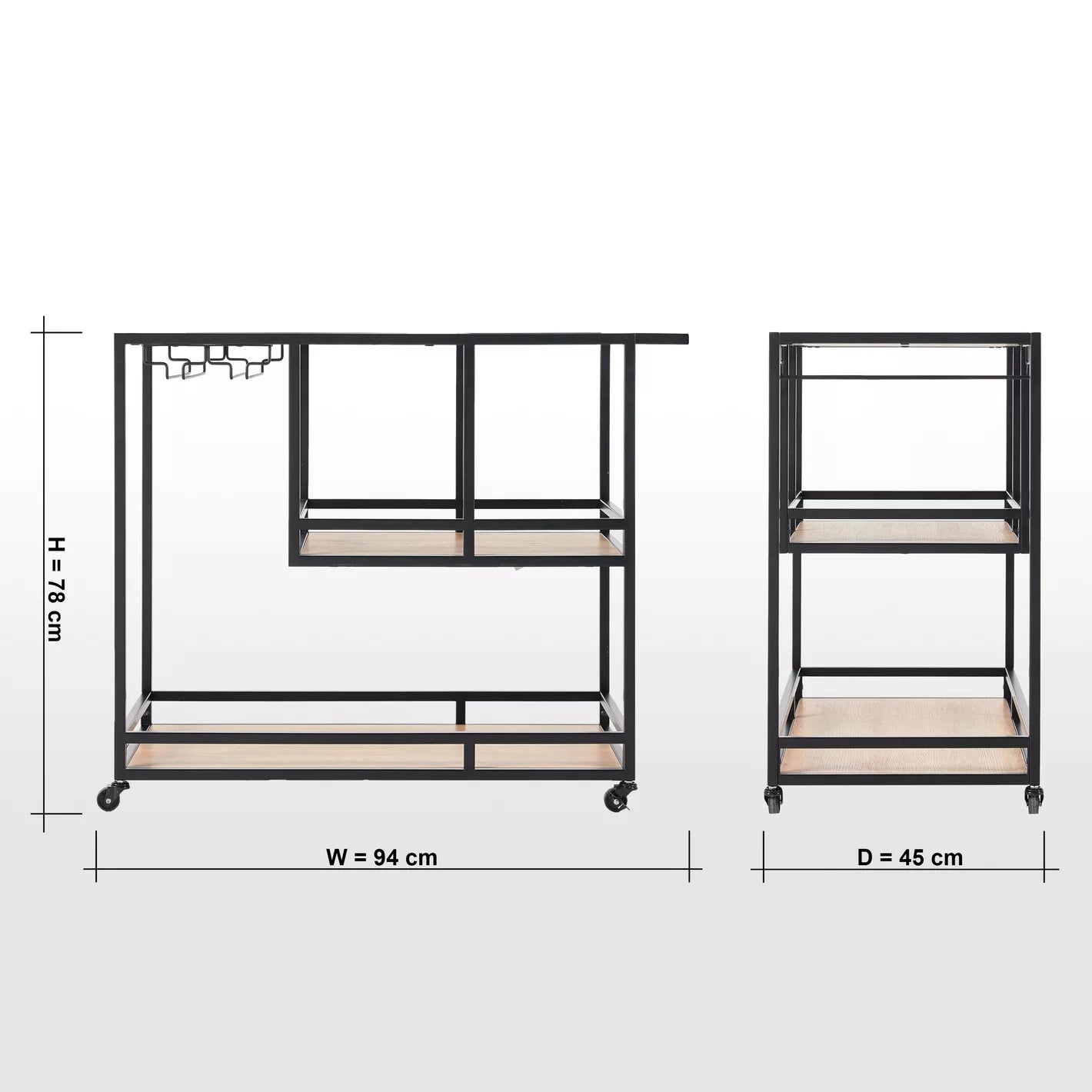 Modern Serving Trolley With Multiple Shelves And Hooks For Glassware