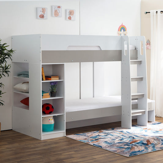 Bunk Bed with Storage 90x190 cm | Modern Wooden Bunk Bed with Shelves