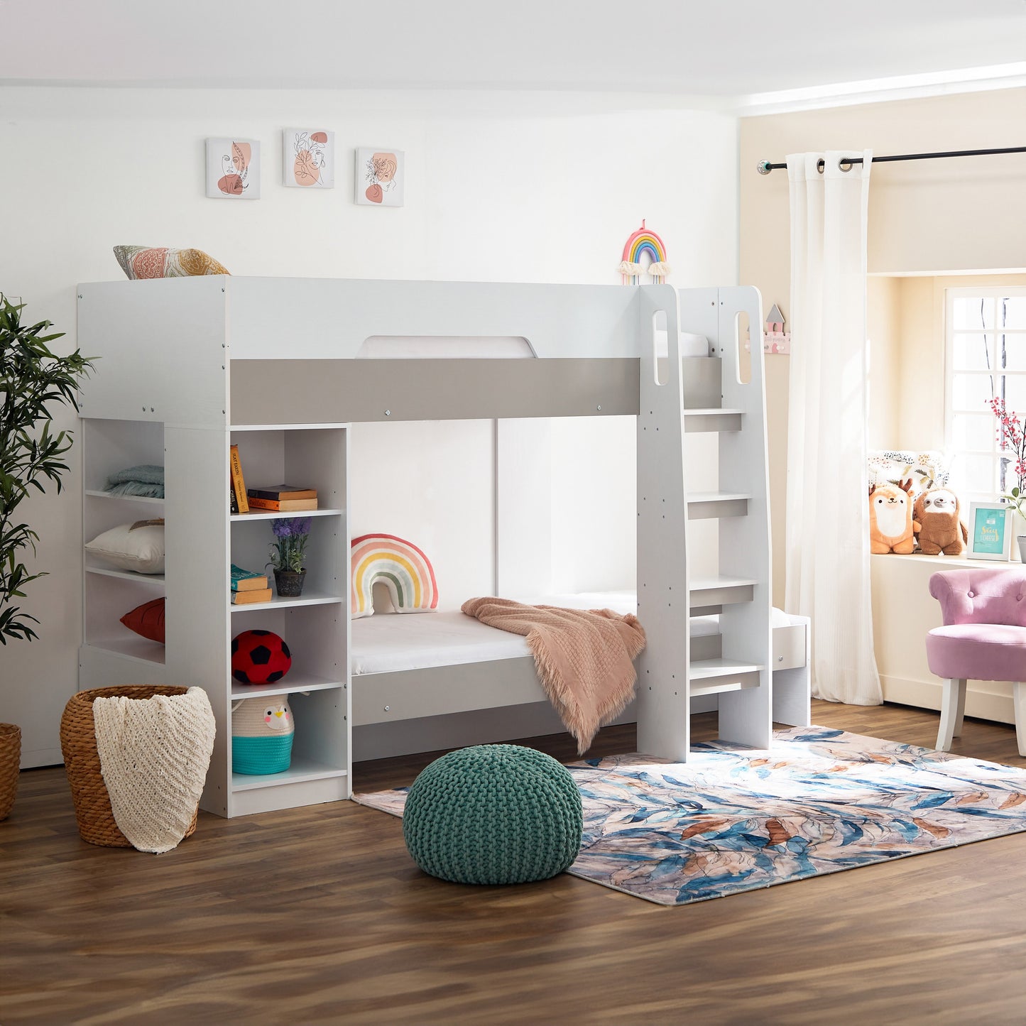 Bunk Bed with Storage 90x190 cm | Modern Wooden Bunk Bed with Shelves