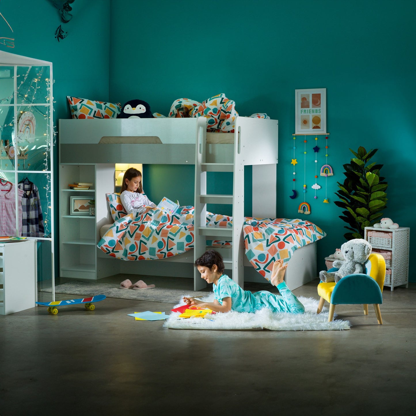 Bunk Bed with Storage 90x190 cm | Modern Wooden Bunk Bed with Shelves