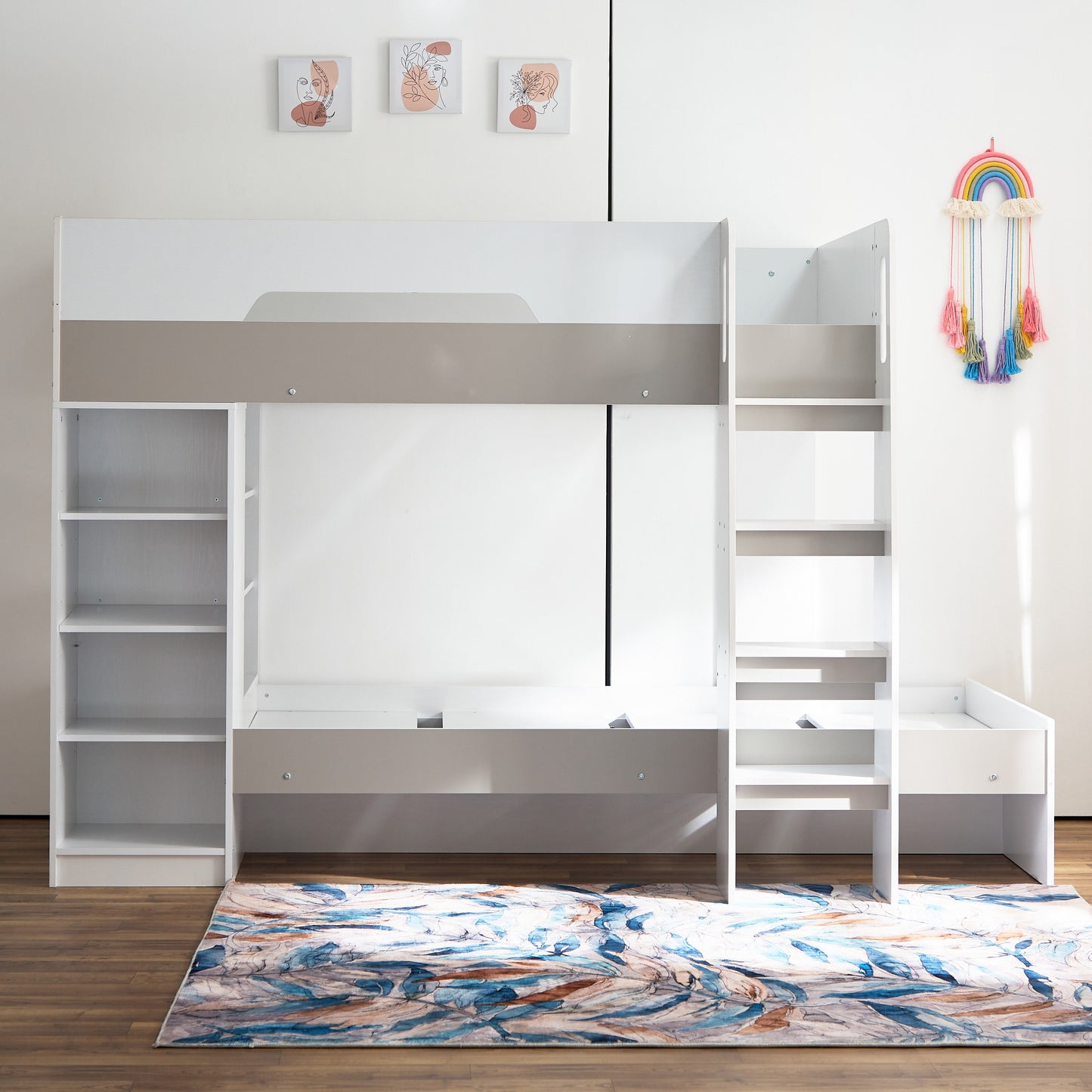 Bunk Bed with Storage 90x190 cm | Modern Wooden Bunk Bed with Shelves