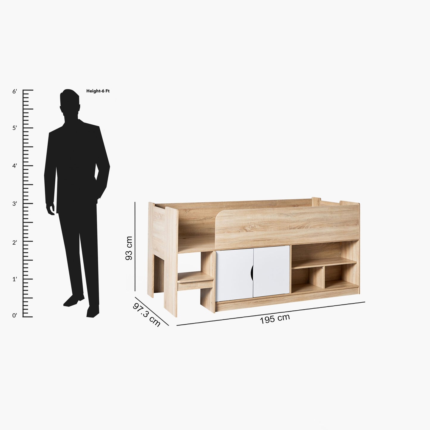 Cabin Bed with 2 Doors & Shelves 90x190 cm – Modern Space Saving Engineered Wood Single Bed