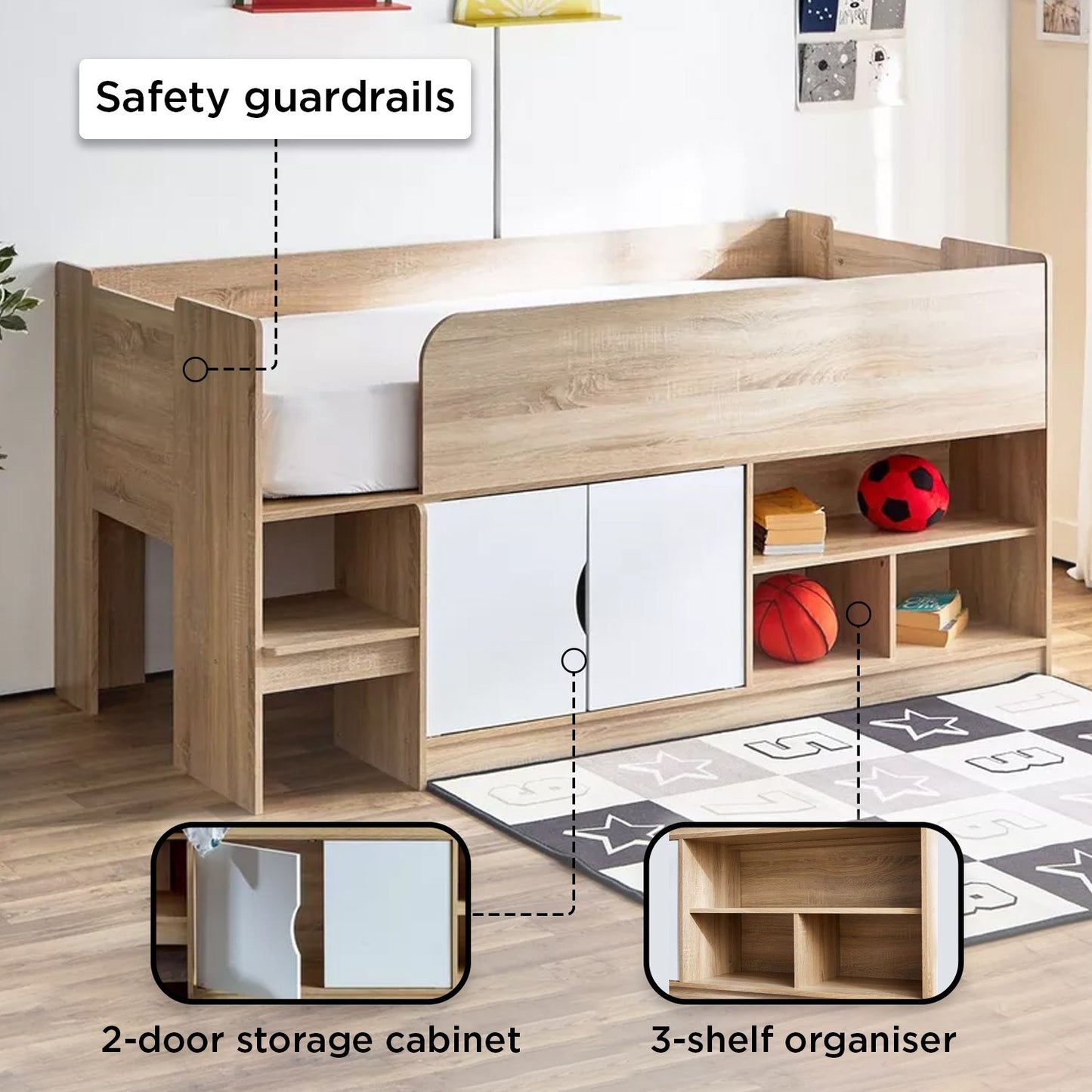 Cabin Bed with 2 Doors & Shelves 90x190 cm – Modern Space Saving Engineered Wood Single Bed