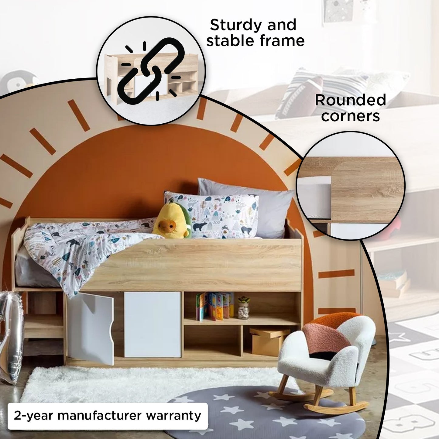 Cabin Bed with 2 Doors & Shelves 90x190 cm – Modern Space Saving Engineered Wood Single Bed