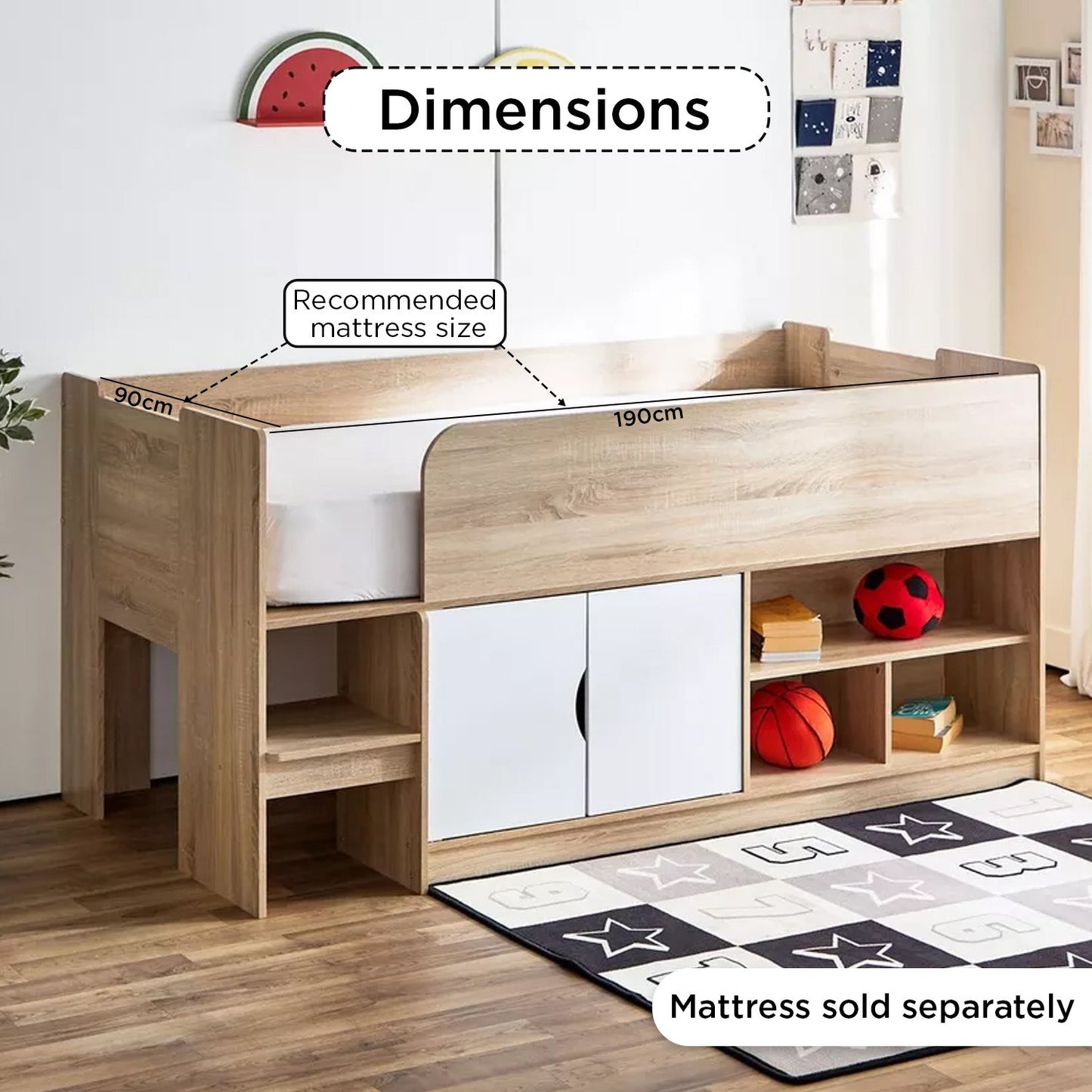 Cabin Bed with 2 Doors & Shelves 90x190 cm – Modern Space Saving Engineered Wood Single Bed