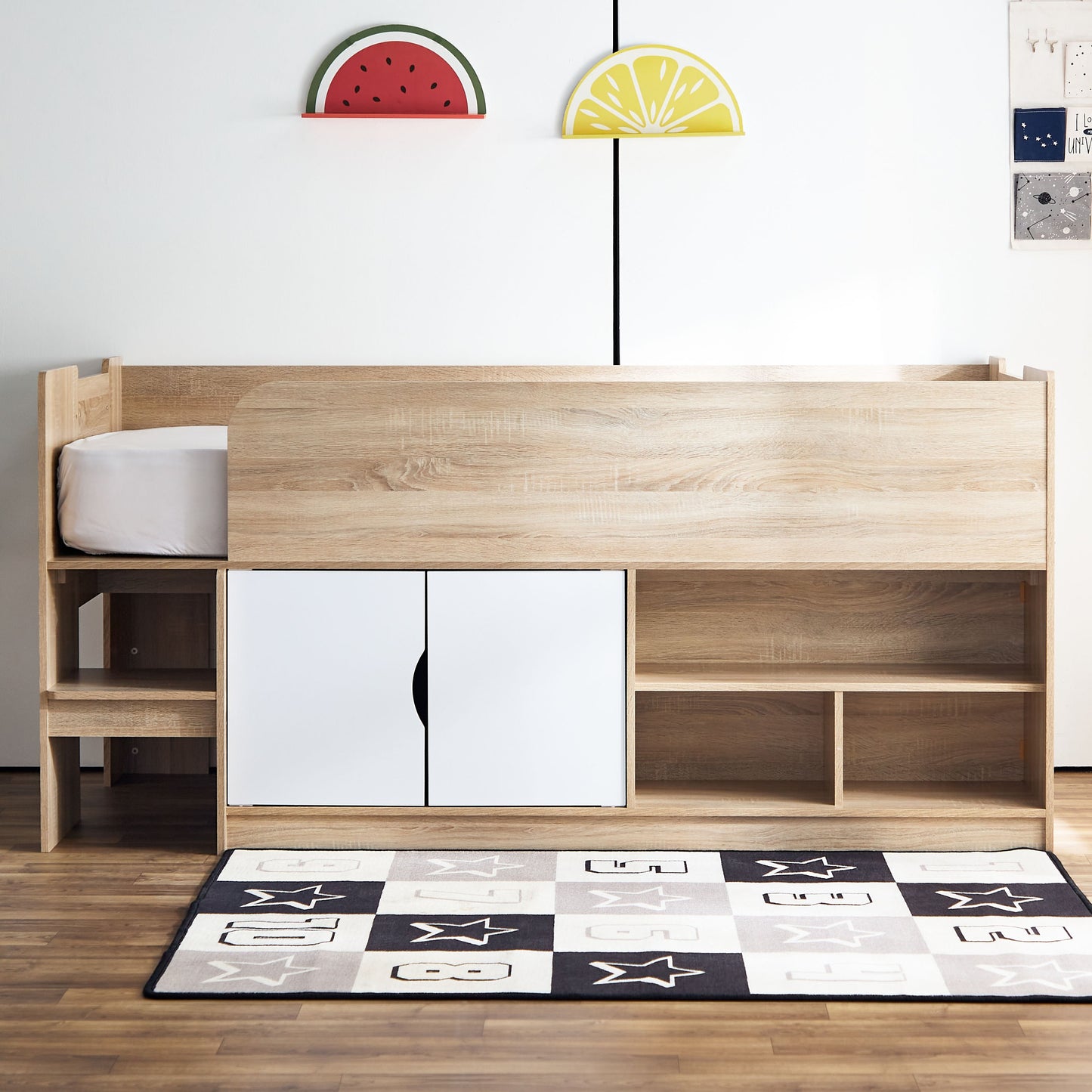 Cabin Bed with 2 Doors & Shelves 90x190 cm – Modern Space Saving Engineered Wood Single Bed
