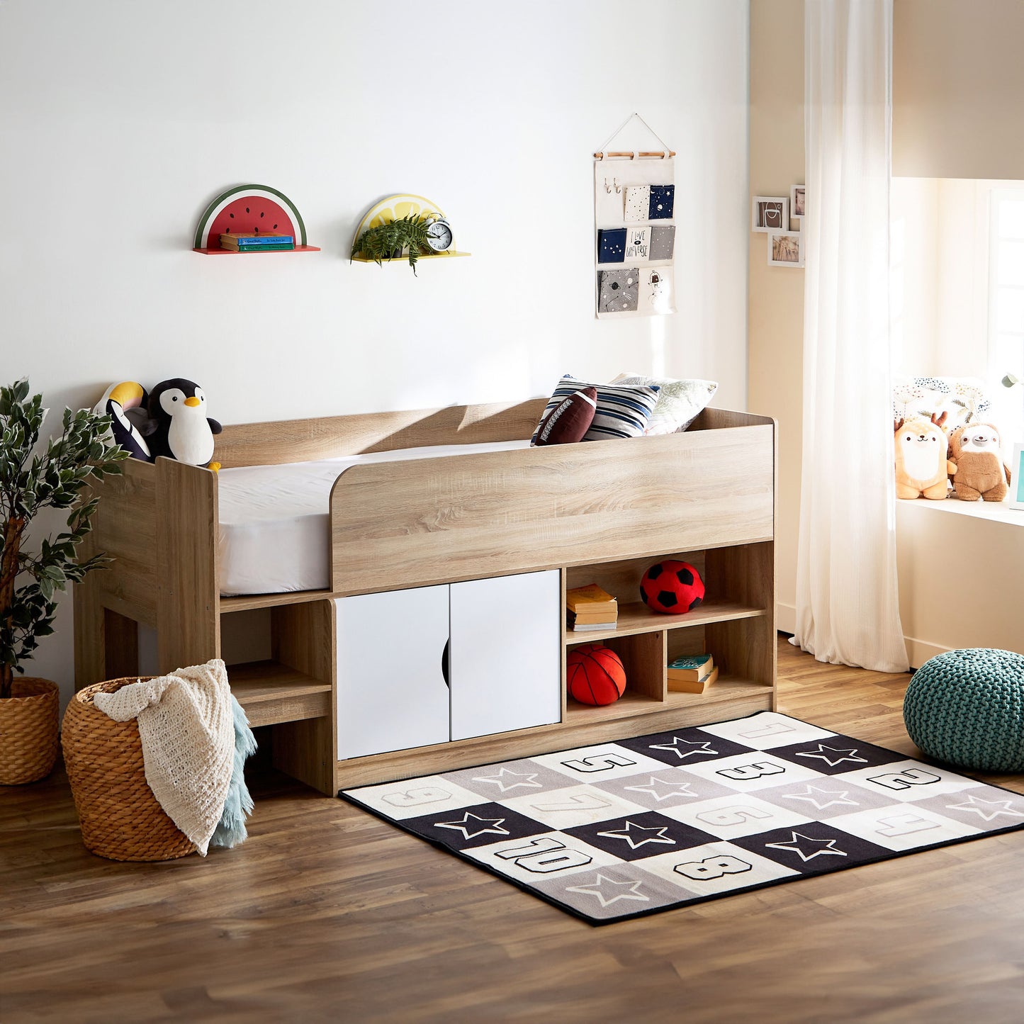 Cabin Bed with 2 Doors & Shelves 90x190 cm – Modern Space Saving Engineered Wood Single Bed