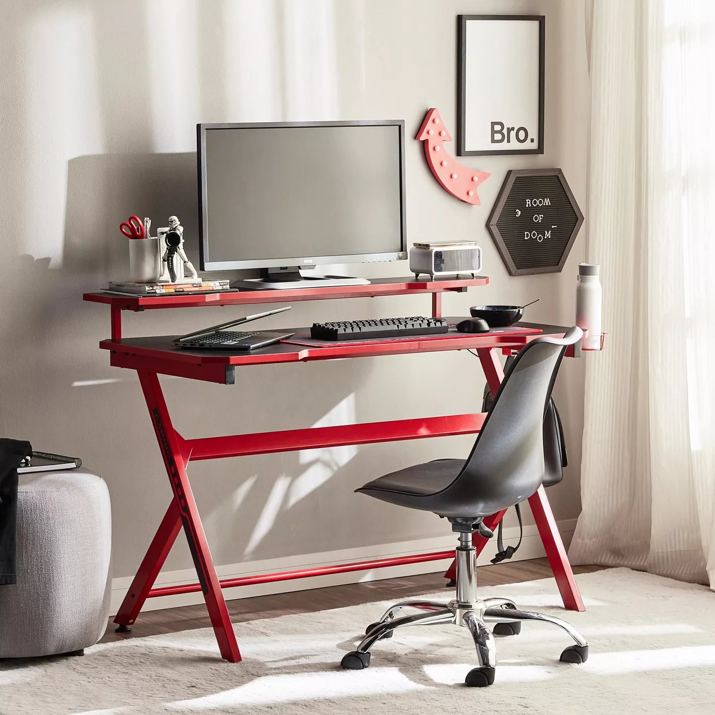 Gaming Desk, Engineered Wood With Cable Management, Raised Shelf, And Stylish Design - Study Desk