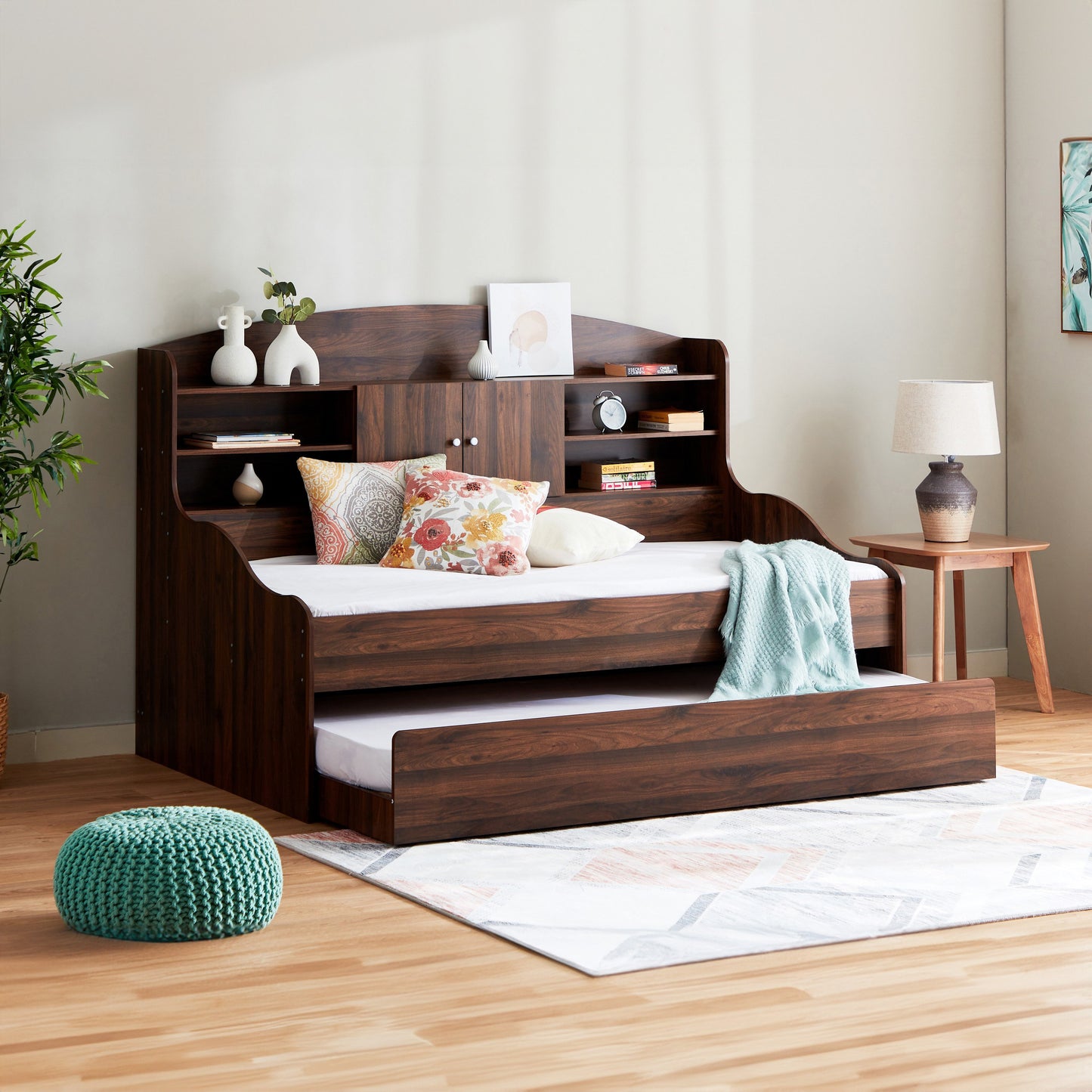 Single Cabin Bed with Pull-Out Trundle Bed 90x190 cm – Space Saving Engineered Wood Guest Bed