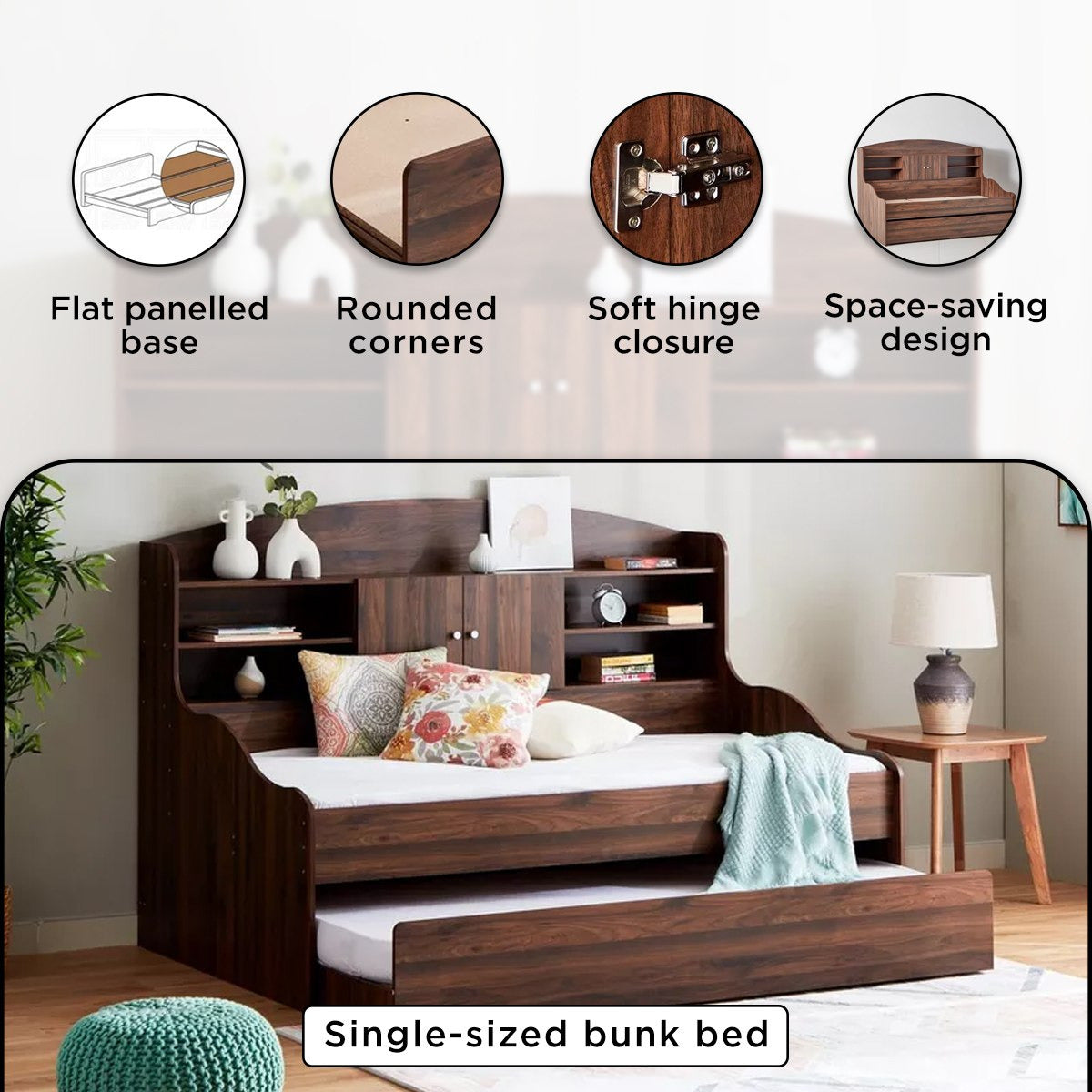 Single Cabin Bed with Pull-Out Trundle Bed 90x190 cm – Space Saving Engineered Wood Guest Bed