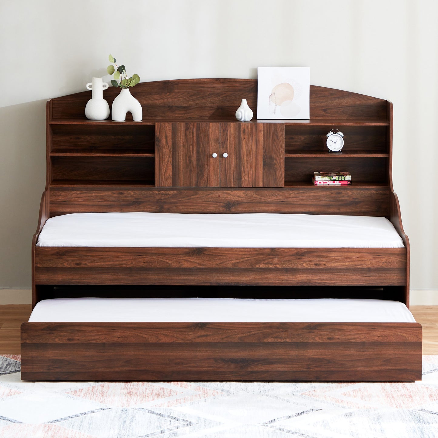 Single Cabin Bed with Pull-Out Trundle Bed 90x190 cm – Space Saving Engineered Wood Guest Bed