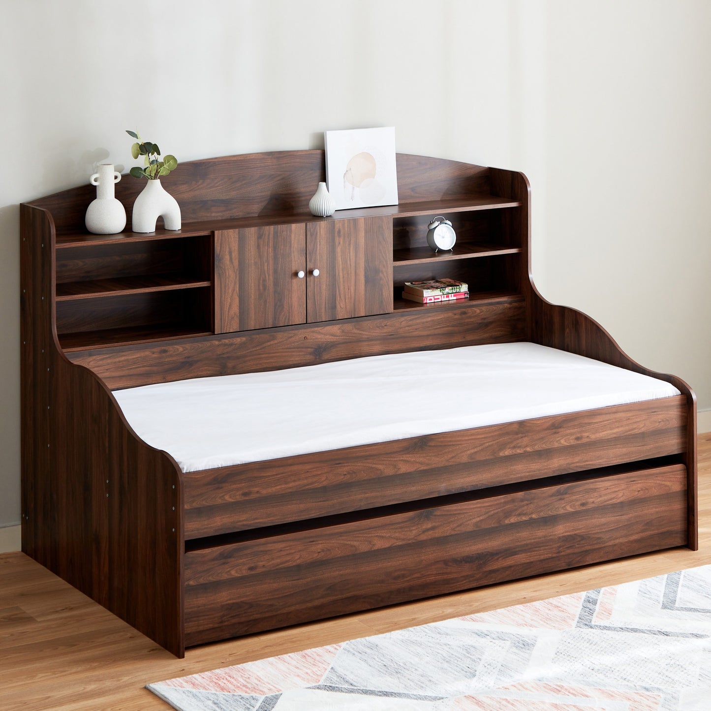 Single Cabin Bed with Pull-Out Trundle Bed 90x190 cm – Space Saving Engineered Wood Guest Bed