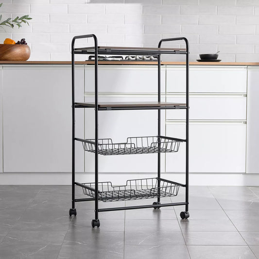 4-Tier Kitchen Trolley With Two Shelves And Two Mesh Baskets For Storage