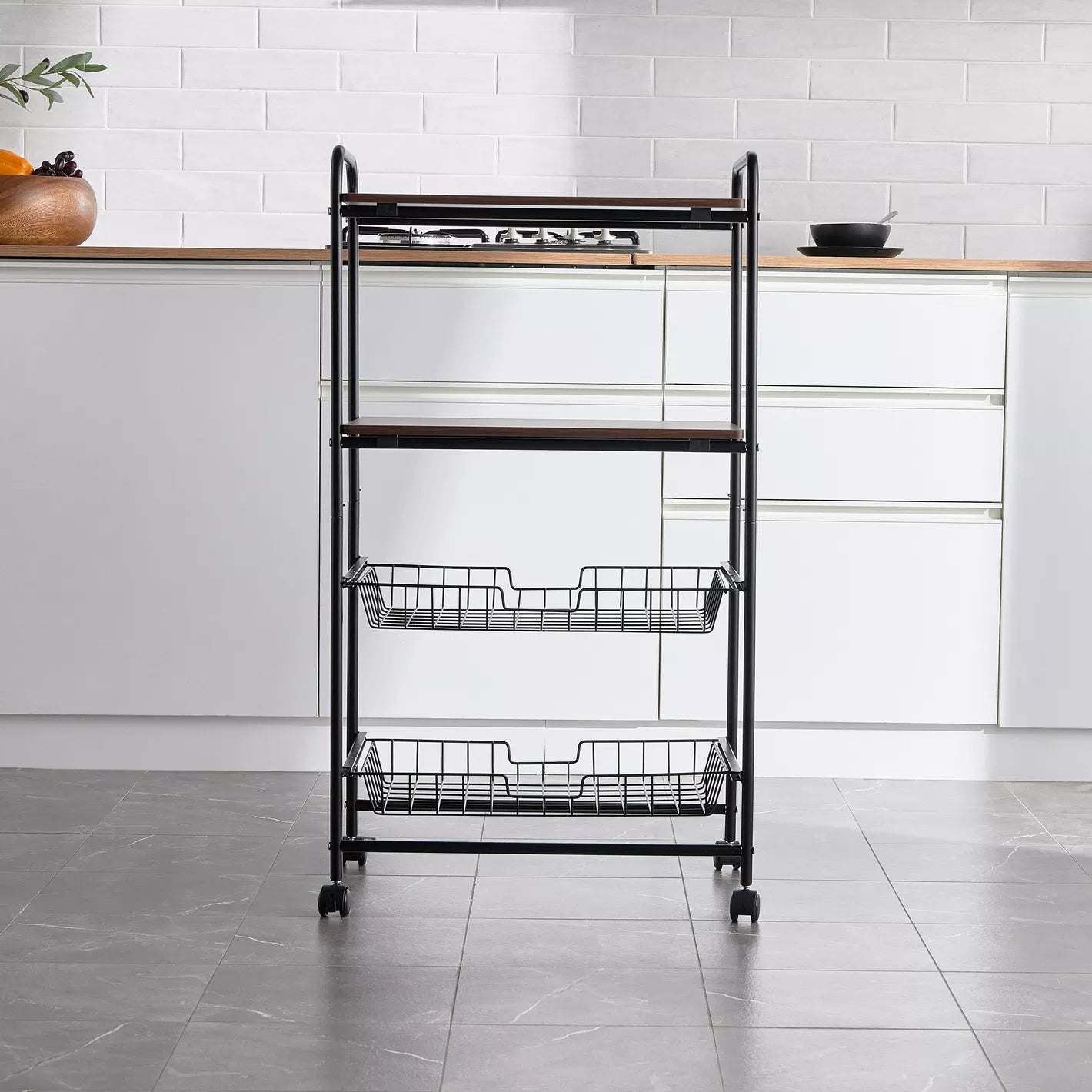 4-Tier Kitchen Trolley With Two Shelves And Two Mesh Baskets For Storage