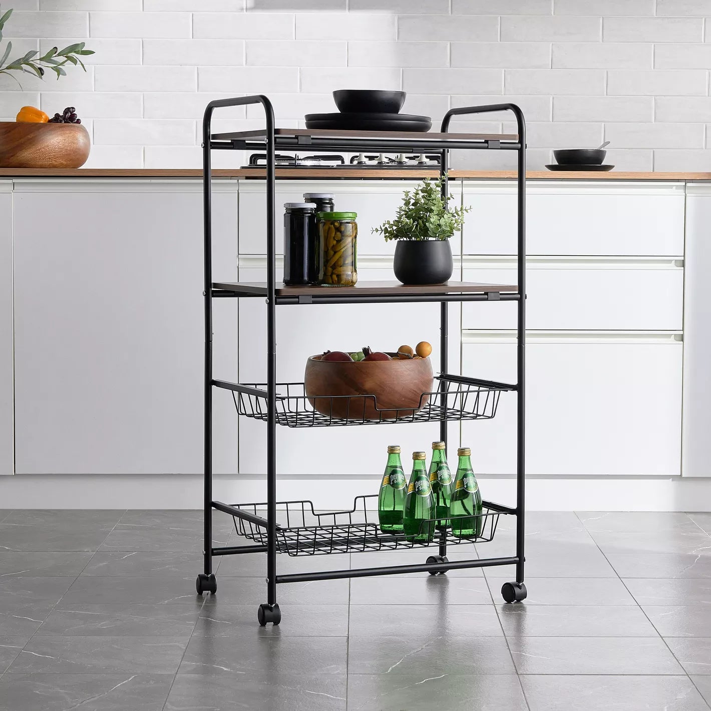 4-Tier Kitchen Trolley With Two Shelves And Two Mesh Baskets For Storage