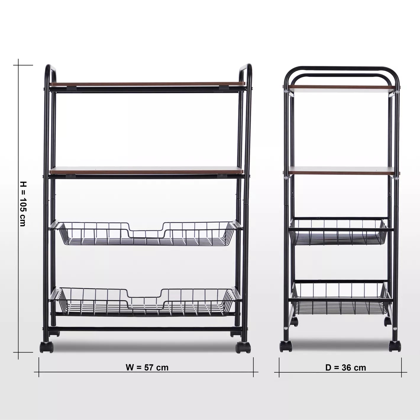 4-Tier Kitchen Trolley With Two Shelves And Two Mesh Baskets For Storage