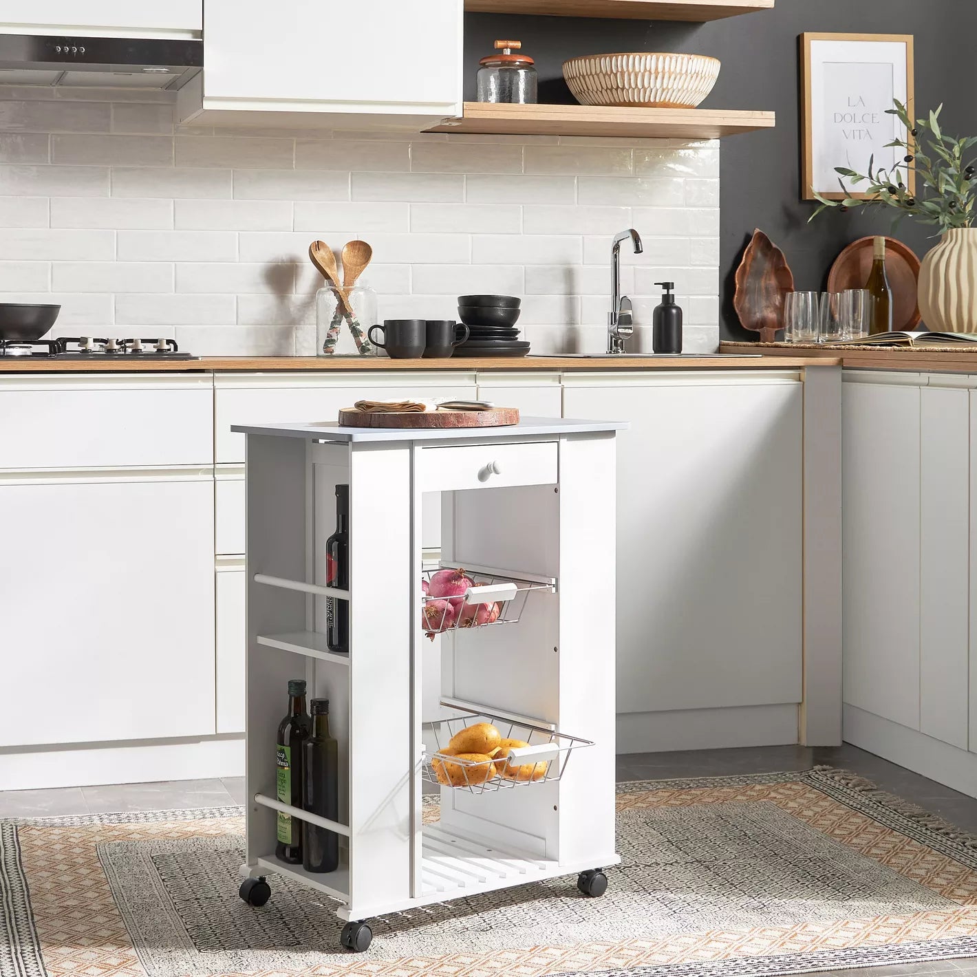 Kitchen Trolley With Two Side Shelves For Meal Preparation And Organization