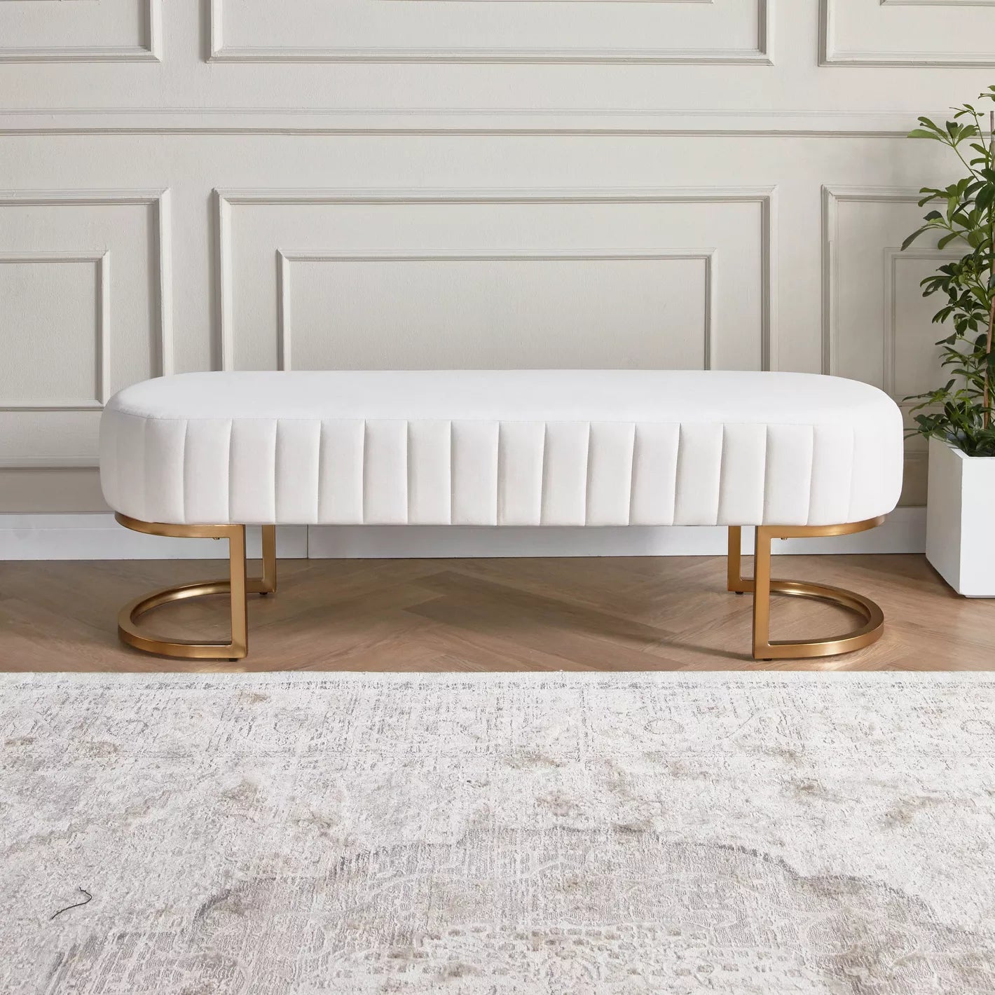 Modern Luxe Fabric Bench For Living Room And Bedroom - Cream/Gold