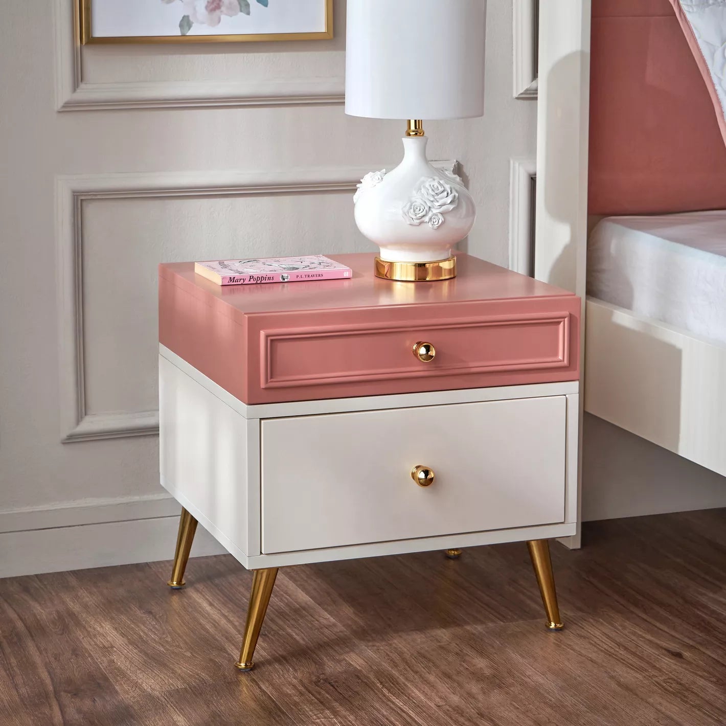 Nightstand With Gold Knob-Handles And Metal Legs