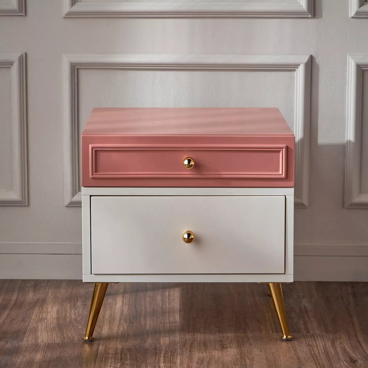 Nightstand With Gold Knob-Handles And Metal Legs