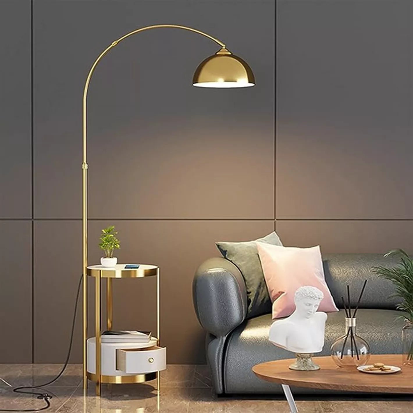 Arched Metal and Marble Floor Lamp with Side Table - 190 cm