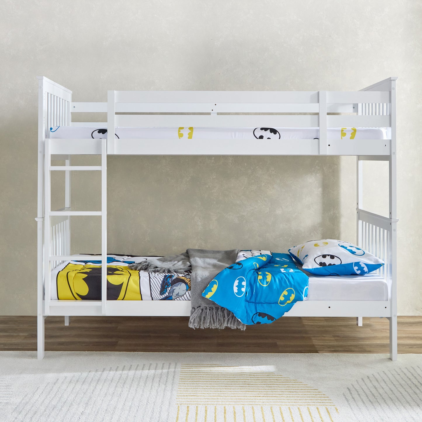 Single Bunk Bed 90x200 cm – MDF Wooden Kids Bunk Bed with Safety Guardrails & Built-in Ladder