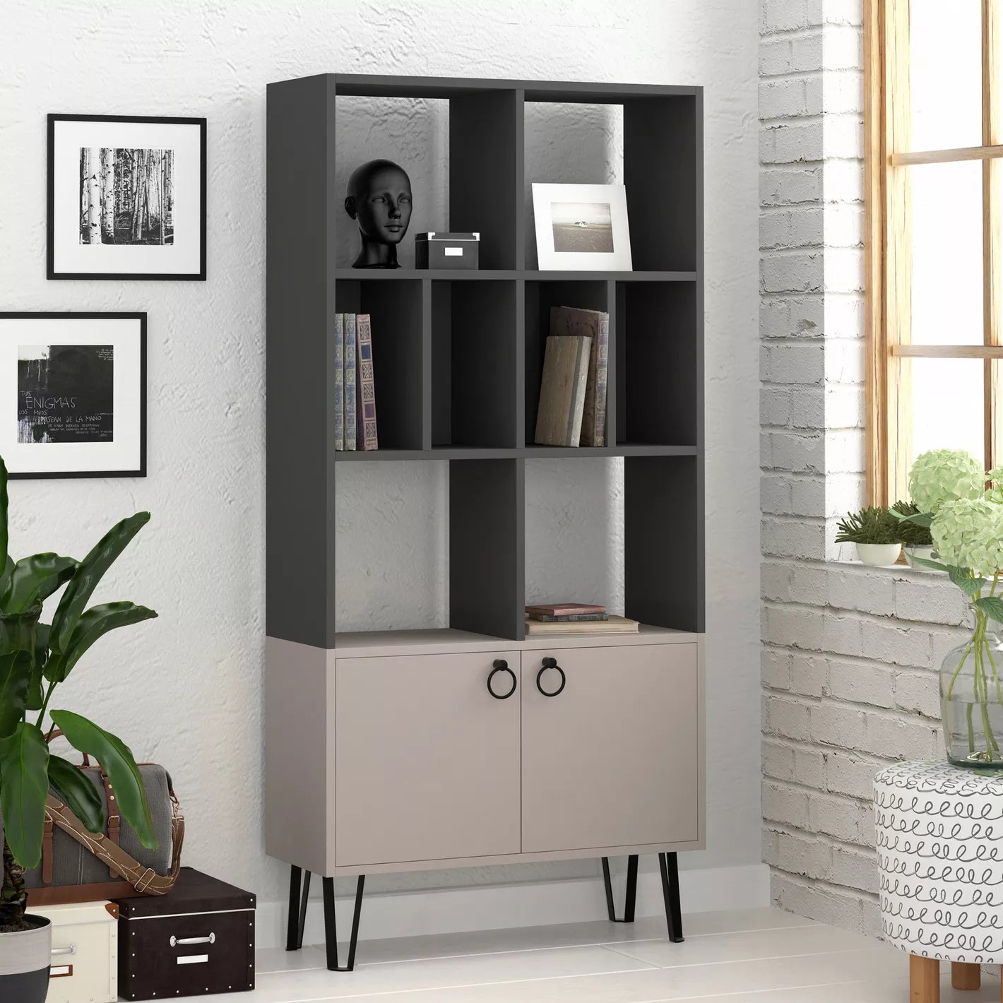 Bookcase With Eight Open Compartments And Two Cabinets For Books, Photos, And Decorative Items. - COOLBABY